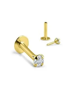 14K Solid Yellow Gold Labret Nose Ring Monroe Push Pin Post Clear 18G • $27.99