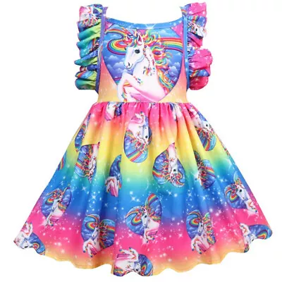  Kids Girls Princess Unicorn Party Rainbow Summer Dress Gown Party Skater Dress • £13.32