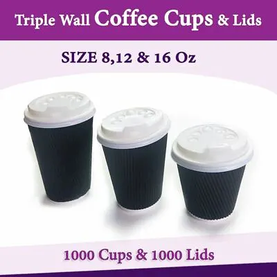 Disposable Coffee Cups Triple Wall 8Oz 12Oz 16Oz W/Lids Takeaway Black Cups Bulk • $28