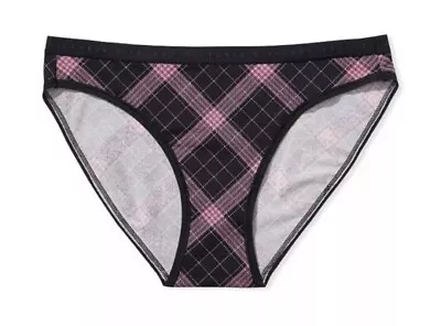 NEW VICTORIAS SECRET Stretch Cotton Bikini Panty Plaid Black Pink L • £11.10