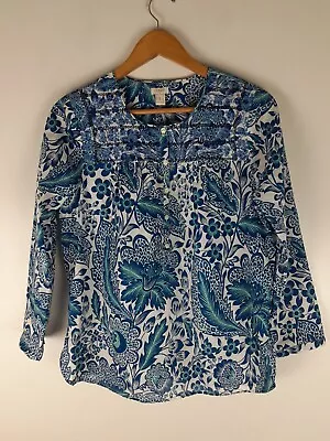 J Crew Womens Blue White Floral Embroidered 1/2 Button Top Blouse 100% Cotton S • $15