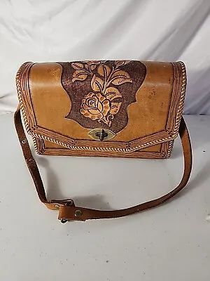 Vintage Hand Tooled Western Leather Shoulder Handbag Purse Flowers • $34.20