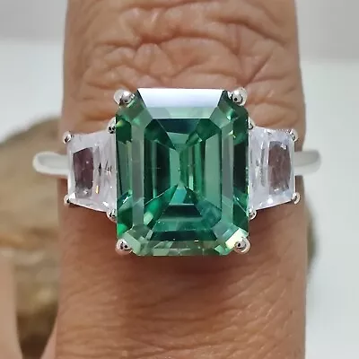 9X7 MM Green Emerald Cut Moissanite Three Stone Womens Engagement Wedding Ring 7 • $434.13