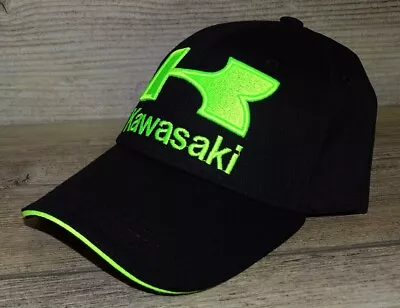 KAWASAKI Logo Team Kawasaki Black & Neon Green Mens Motorcross / Fishing Hat Cap • $19.99