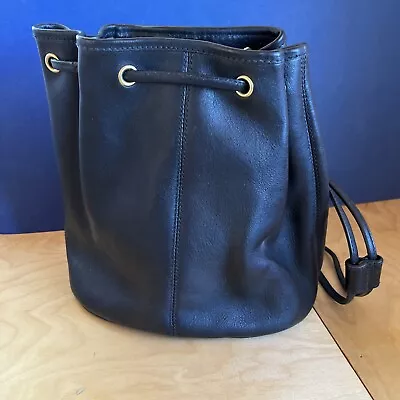 Vintage Black Leather Drawstring Stamped R.L Bucket Purse Bag Classic • $35