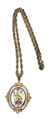 Vintage Miriam Haskell Signed Floral Flower Pendant Gold Chain Necklace • $132