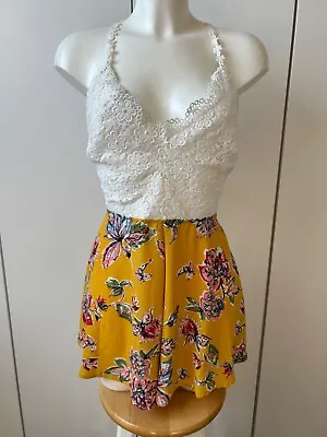 Womens Zaful White And Yellow Floral Playsuit Size Large  • £9.99