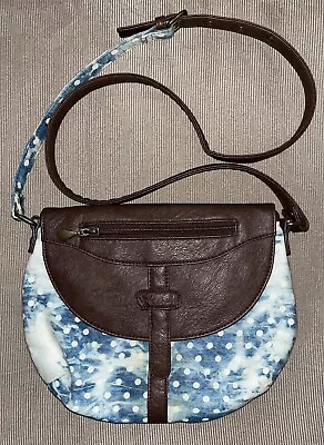 VOLCOM Original Shoulder Strap BagPurse Brown Vegan Leather Blue Dyed Polka Dots • $12.99