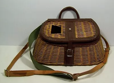 Fishing Creel Wicker & Leather W/ Straps Fly Fishing Basket Cabin Decor Vintage • $70