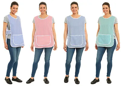 Ladies Stripe Design Piping Tabard Apron With Pocket Overall Kitchen Cleaning • £7.99