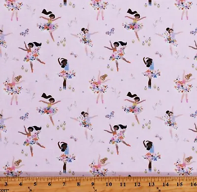 Cotton Ballerinas Ballet Dancers Girls Flowers Pink Fabric Print By Yard D673.79 • $14.95