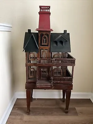 Antique Victorian Wooden Birdcage Mansion / House With Stand • $250