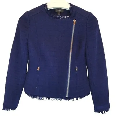 J. CREW Moto Blazer Boucle Blue Tweed Cotton Jacket Diagonal Zip Fringe Women 00 • $38.99