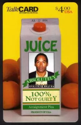 $4. O.J. Simpson Mugshot On Juice Container '100% Not Guilty' Phone Card • $4.99