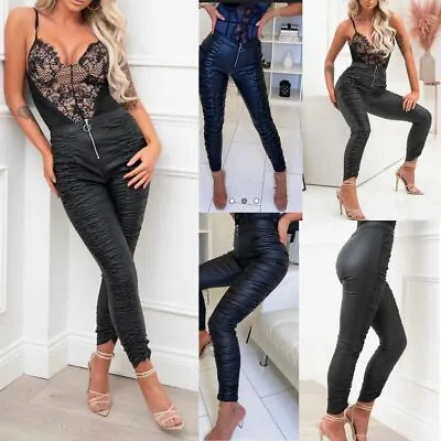 New Ladies Women's PU Wetlook Side Ruched Leggings With Front Zip Leather Pants • £20.99