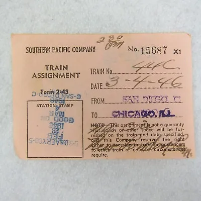 Southern Pacific Company Train Ticket Railroad San Diego To Chicago Vintage 1946 • $14.99