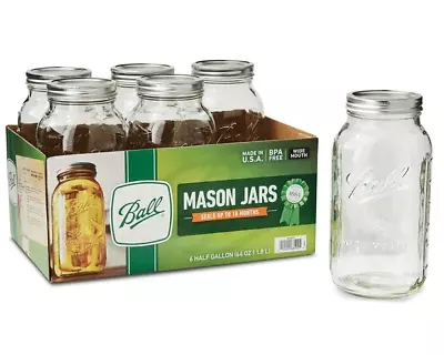 Ball Wide Mouth 64oz Half Gallon Mason Jars With Lids & Bands 6 Count • $14.44