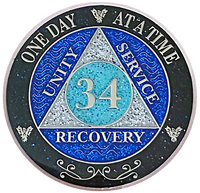 AA 34 Year Medallion Black Rainbow Blue Glitter Alcoholics Anonymous Coin • $25.99