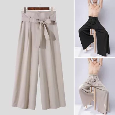 Fashion Mens Wide Leg High Waist Pants Casual Loose Long Trousers Slacks Belted • $26.56