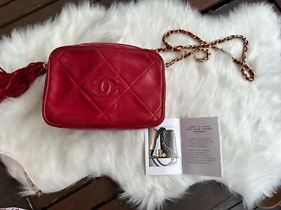 $1199 • Buy Vintage Chanel Red Camera Tassel Crossbody Bag In Red Lambskin