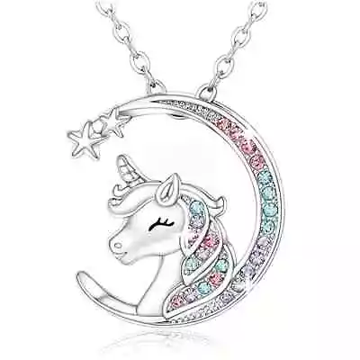 B78. Girl's Silver Tone / Multi Coloured Rhinestone Unicorn Pendant Necklace • £4.99