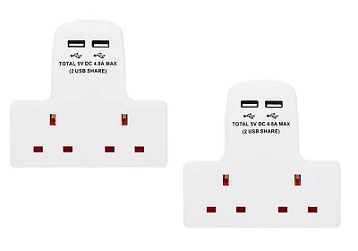 Set Of 2 - 2 Way Gang Multi-Plug 13A Wall Socket Adaptor With 2x USB Port- White • £13.99