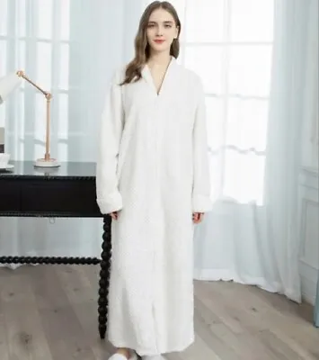 Womens Mens Dressing Gown Long Fleece Bath Robe Fleece Zip Robe House Coats Soft • £23.99
