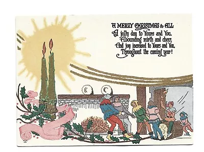 Vtg Christmas Card ART DECO Jester Type 6 Men Tights Pull Yule Log CANDLE AGLOW • $3.99