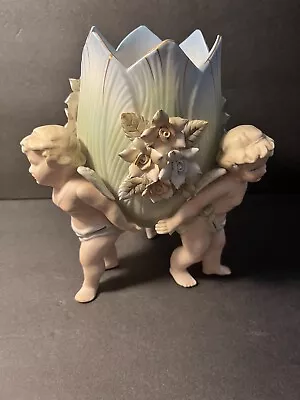 $38.09 • Buy Large Vintage Bisque With 3 Cherubs Holding Up Planter Vase 8.5”