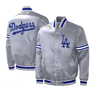 MLB LA Dodgers Grey Satin Bomber Style Baseball Snap-Up  Varsity Jacket • $80