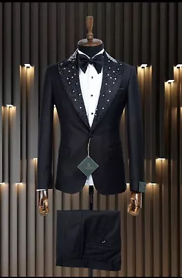 Dark Navy Blue 2-Piece Slim-Fit Tuxedo With Rhinestone Peak Lapels • $200