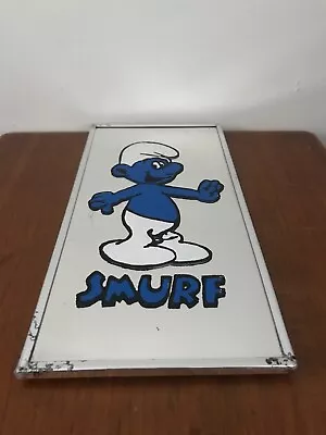 Vintage 1980's Smurf Hand Painted Mirror Framed 12x6 Boardwalk Print Mirrored • $11.19