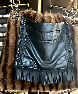 Tignanello Leather/Mink Double Handle/Fringe & Stud Hobo Bag/Purse/some Damage • $38.95