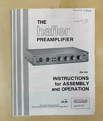 Vintage Hafler Preamplifier DH-110 Instructions For Assembly And Operation • $24.95