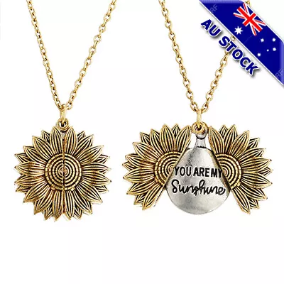 18KGold Plated You Are My Sunshine Letter Sunflower Open Locket Pendant Necklace • $8.79