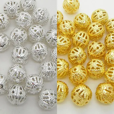 £2.59 • Buy Silver & Gold Filigree Metal Round Beads Spacer 4mm 6mm 8mm Jewelry Making Craft
