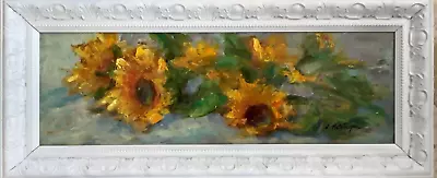 Original Framed Impressionism Oil Painting 8”x24” Sunflower Still Life Signed • £636.02