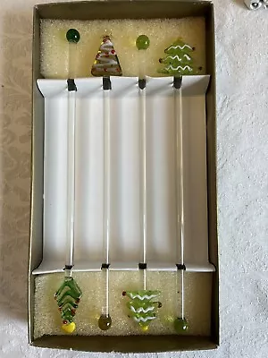 Vintage Glass Christmas Tree 6  Drink Stirrers Swizzle Sticks Set Of 4 • $12.95