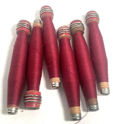 Wrapped Wood Quills Bobbins Spools Wooden Threaded Textile Lot Of 6: • $14