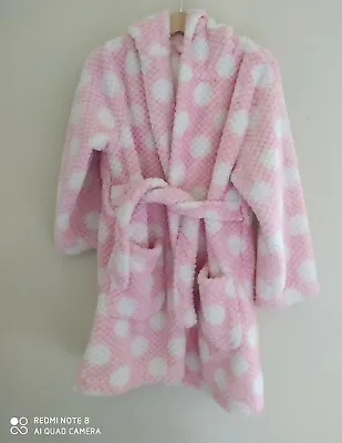 George Girls Pink & White Spot Fleece Dressing Gown Age 5-6 Fluffy Waffle VGC • £5.99