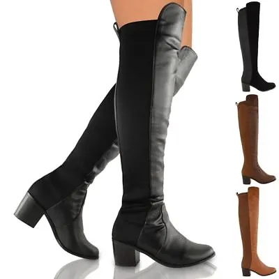 £28.99 • Buy Womens Ladies Over The Knee Thigh High Stretch Pull On Low Mid Heel Boots Shoes