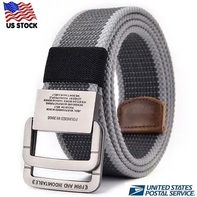 Mens Canvas Belt Military Webbing Casual Jeans Adjustable Double D Ring Buckle • $15.95