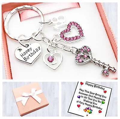 30th. 40th. 50th Birthday Gift. Pink Rhinestone Key Charm. Keyring. Box & Card • £4.95