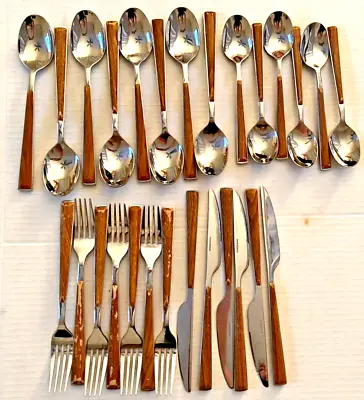 Vintage Mid Century Stainless Flatware With Faux Wood Handle MCM Lot Of 27 • $24.02