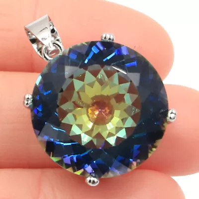 Buy 2 Get 1 Free Big Round 20mm Fire Rainbow Mystical Topaz Gift Silver Pendant • $16.33