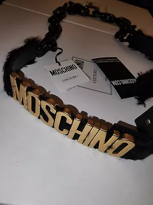 MOSCHINO EU 48 US 32 Couture Belt Gold Logo Fur Chain Black Name Word Lettering • $199.99