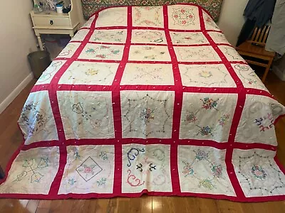 Vintage Hand Embroidered & Tied Quilt LARGE 100  X 118  Patchwork Red Border • $59