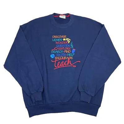 Vintage 90's Teacher Teach Teaching Crewneck Sweatshirt Graphic Blue Size XL • $22.88