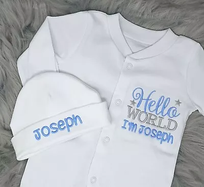 Personalised Baby Grow + Hat Set Sleepsuit Embroidered Custom Gift Boy Name • £13.95