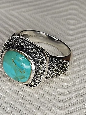 Sterling Silver Turquoise Marcasite Ring CHUNKY STATEMENT Sz 7 Vintage Estate  • $59.99